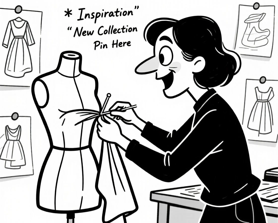 A fashion designer pinning fabric onto a mannequin in a studio full of sketches.