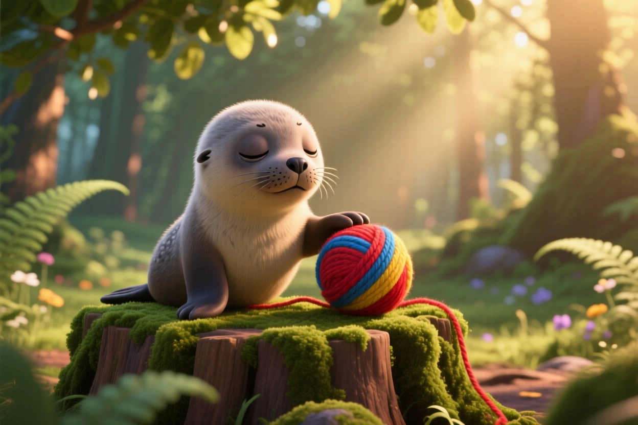 A baby seal pup is perched on a mossy log in a quiet forest, pawing gently at a ball of yarn. A gentle, sleepy calm fills the moment, with soft light catching its fur.