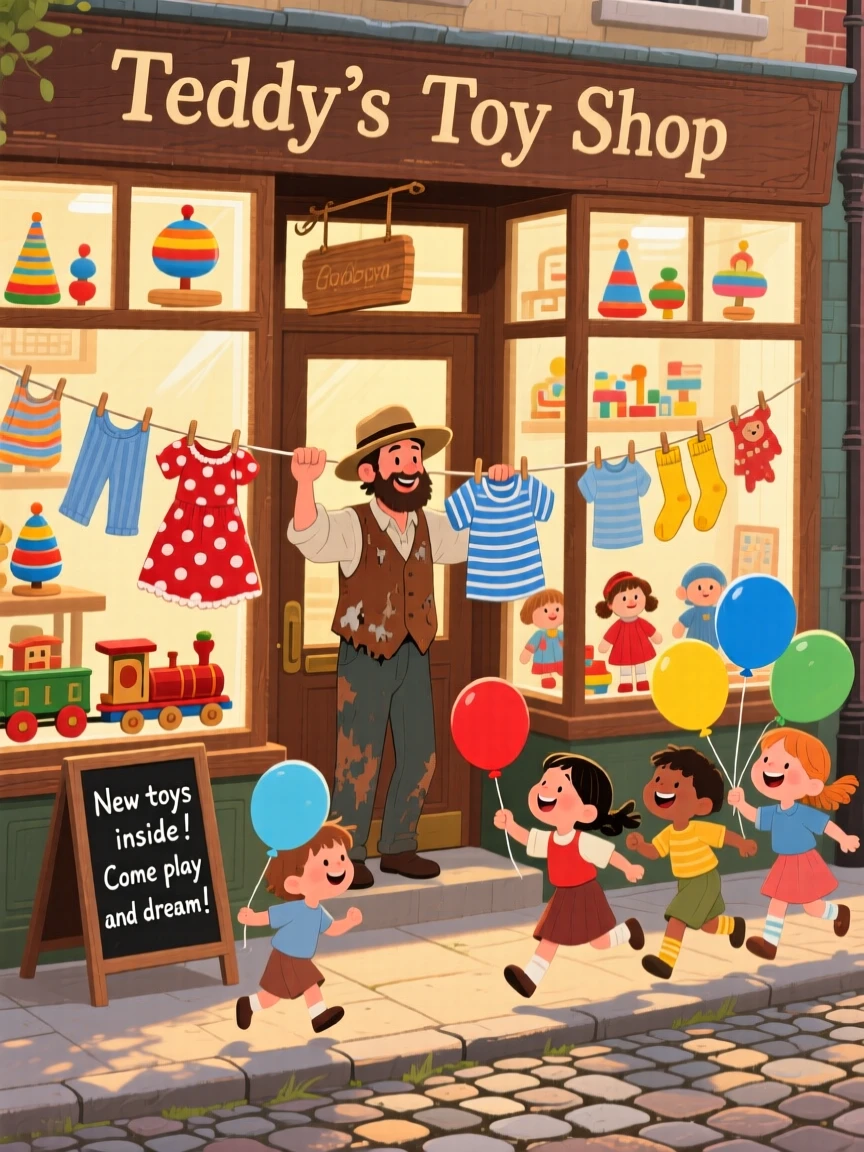 In an old-fashioned toy shop, a street musician is busy hanging laundry on a line between two windows, while children skip past with balloons.