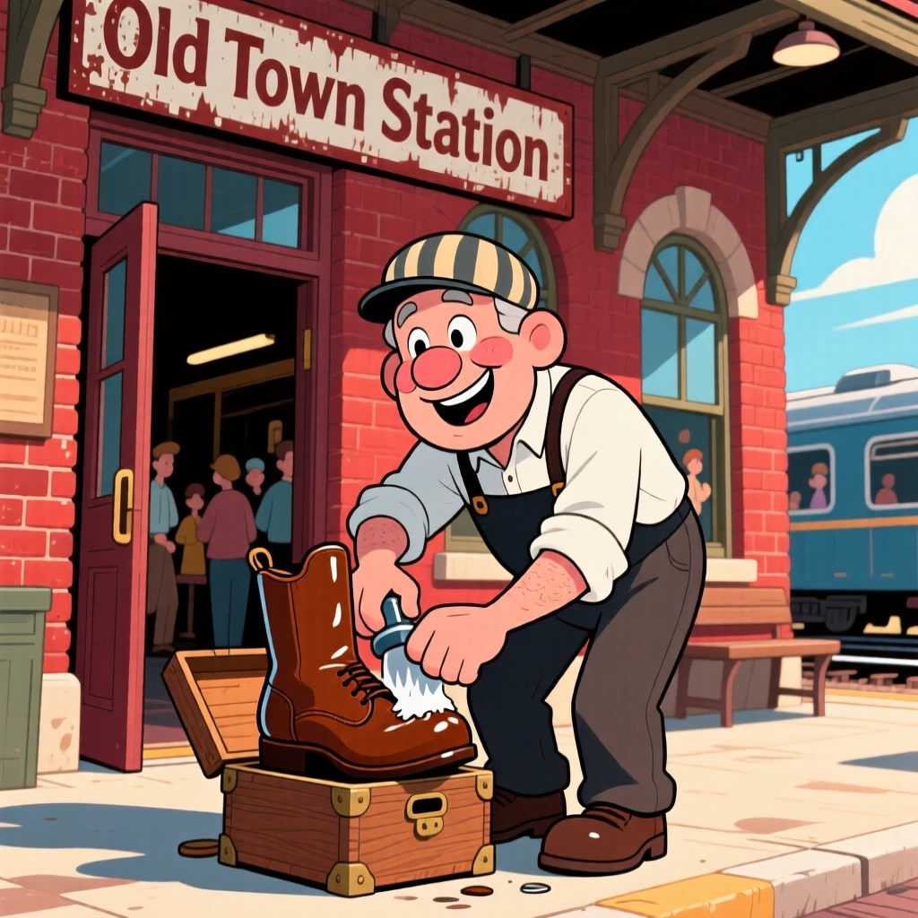 A shoe shiner polishing boots outside an old train station.