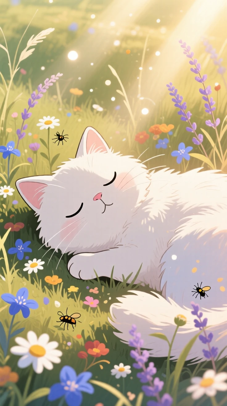 A fluffy white cat napping in a sunbeam, surrounded by scattered wildflowers, radiating pure charm.