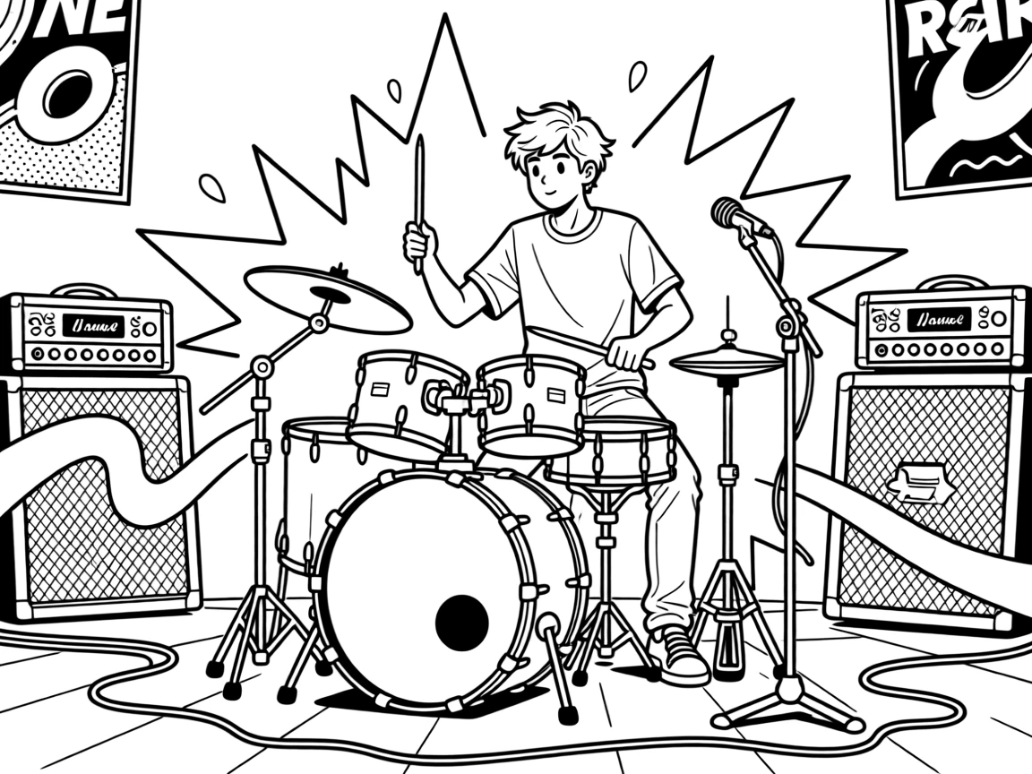 A drummer mid-performance surrounded by splashes of light, with amplifiers stacked in the background.