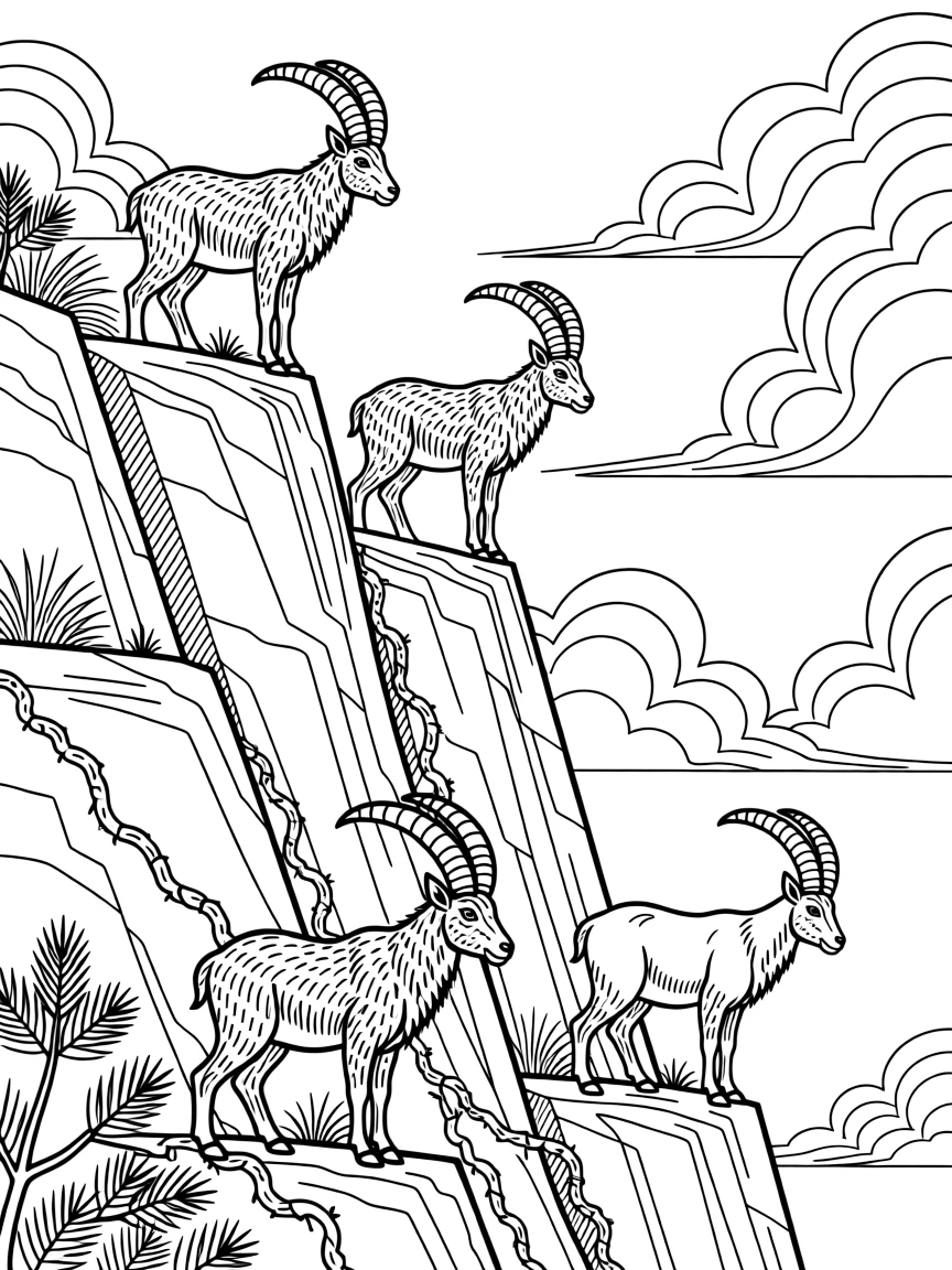 A group of ibex balanced on a steep rocky cliffside.