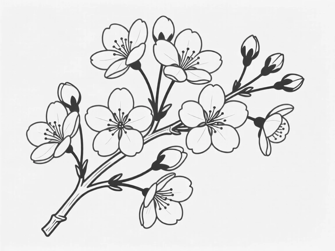 A cluster of cherry blossoms on a curved branch