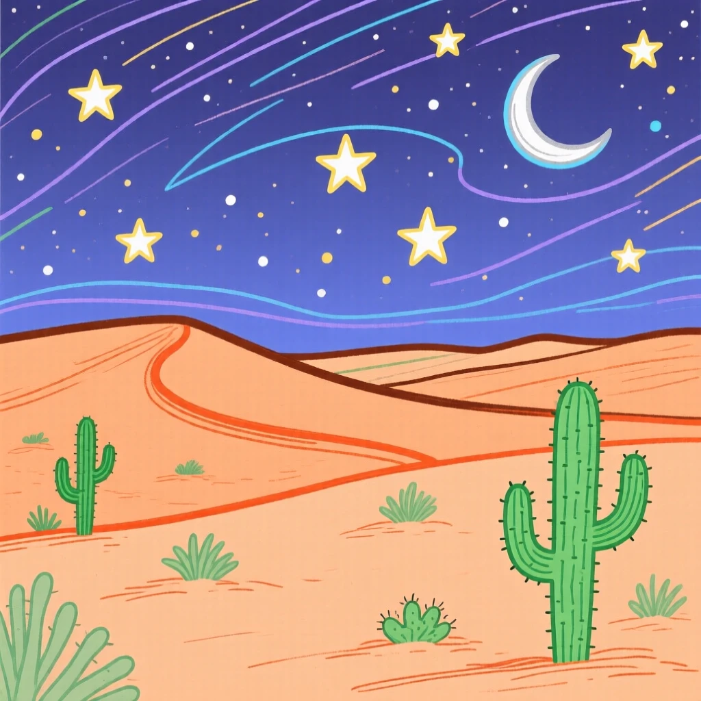 A star-filled night sky above a silent desert landscape.