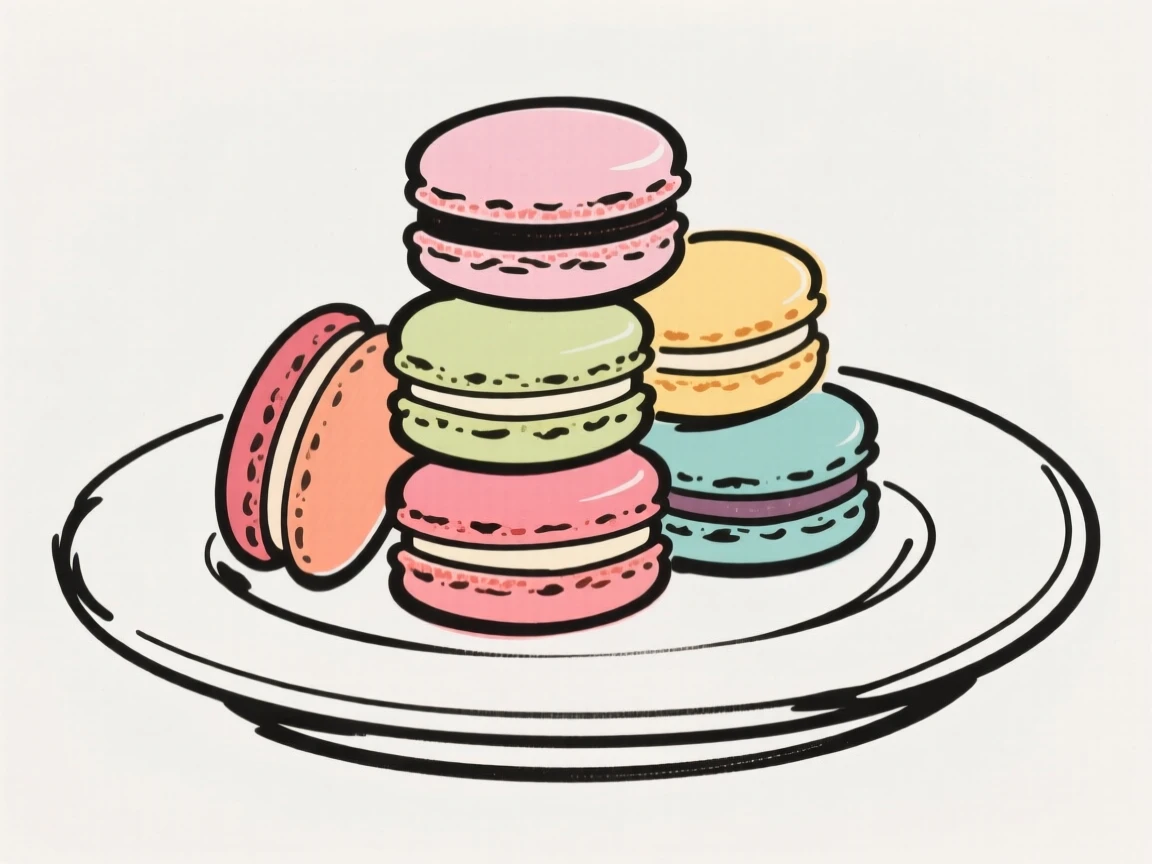 A stack of colorful macarons arranged on a serving plate.