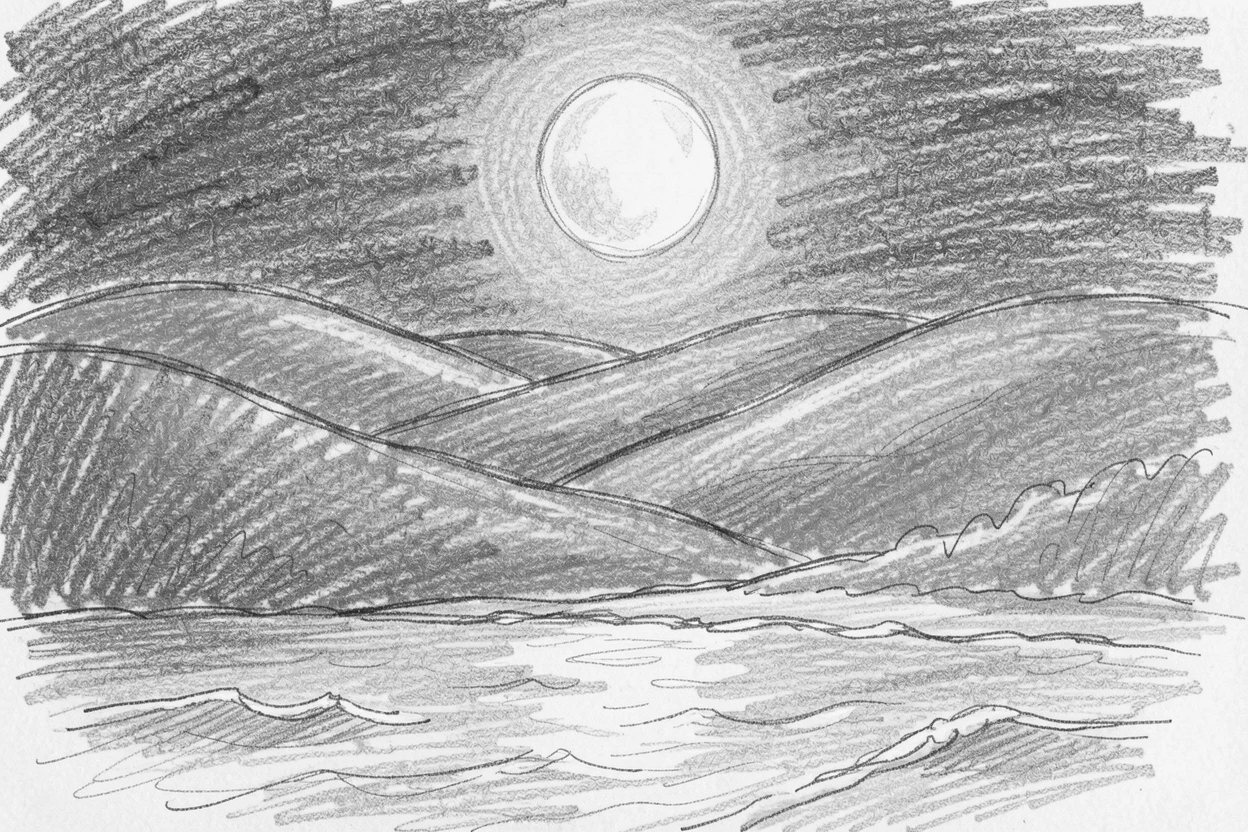 A rolling green countryside, illuminated by a brilliant full moon, with gentle waves lapping at the shore.