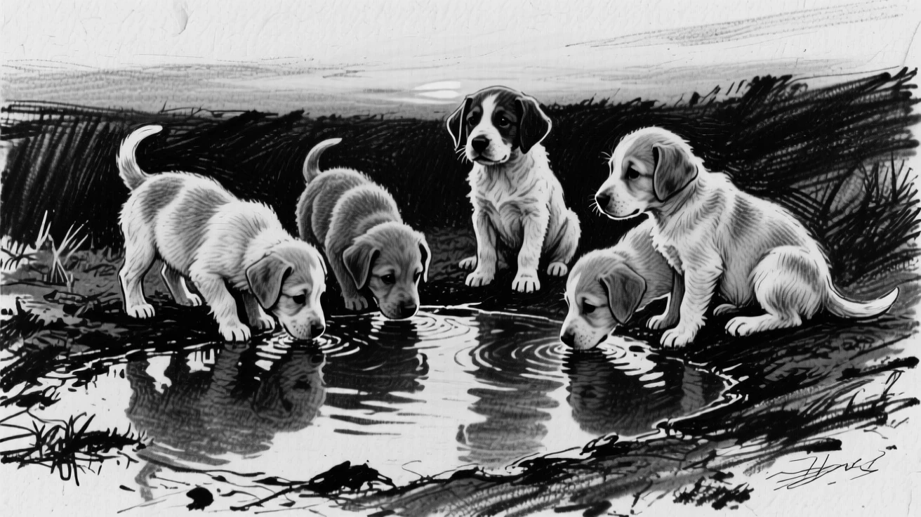 A litter of puppies gathered around a watering hole at dusk.