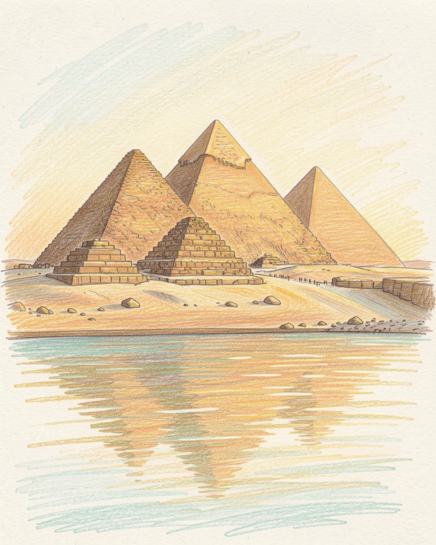 The pyramids of Giza glowing warm gold in the late afternoon light, with reflections shimmering on calm water nearby, capturing the timeless charm of a beloved destination.