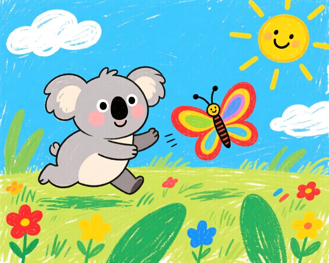 A plump koala joey chasing a butterfly across a sunny field.