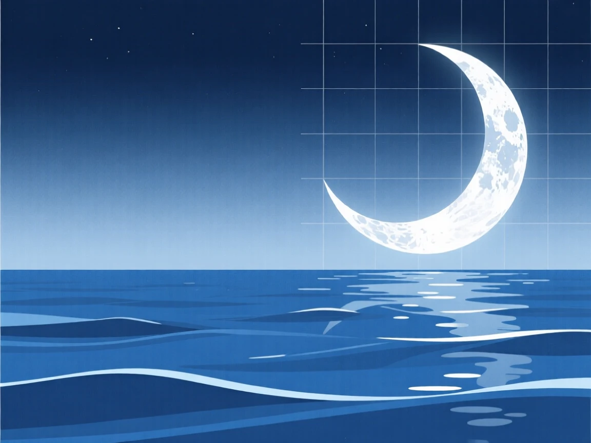 A crescent moon rising over a calm ocean horizon, under the soft glow of a rising moon, balanced using the rule of thirds for natural harmony, with a fresh, crisp clarity that highlights every detail.