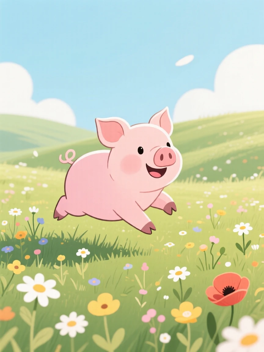 A playful piglet hopping through wildflowers in a sunny meadow.