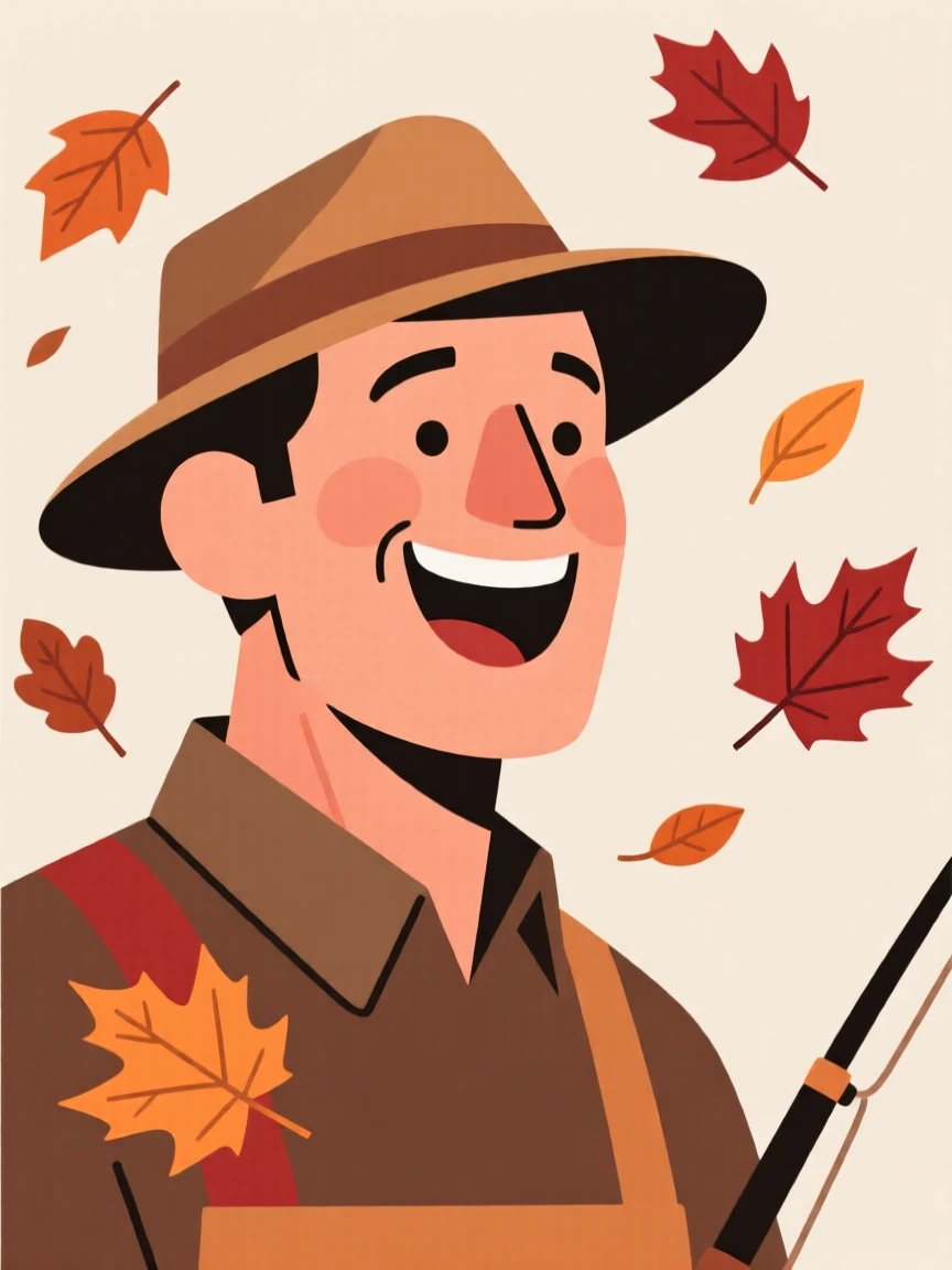 A portrait of a fisherman laughing together near scattered autumn leaves, filled with hopeful anticipation.