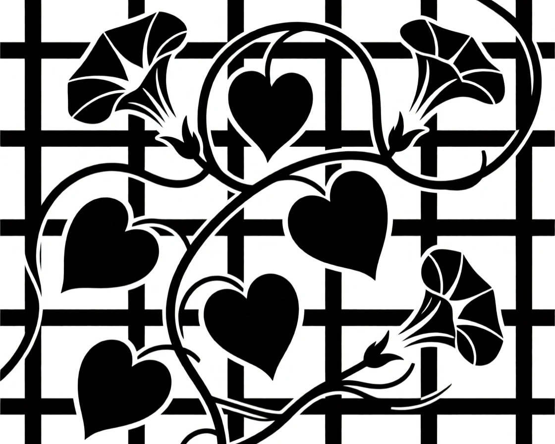 A climbing vine of morning glories on a trellis.