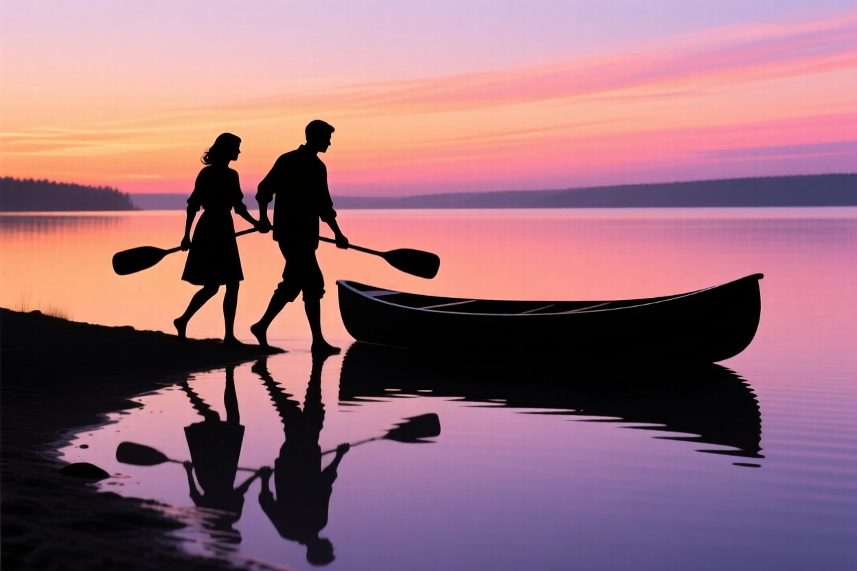 A couple carrying a canoe together down to the edge of a still lake at dawn.