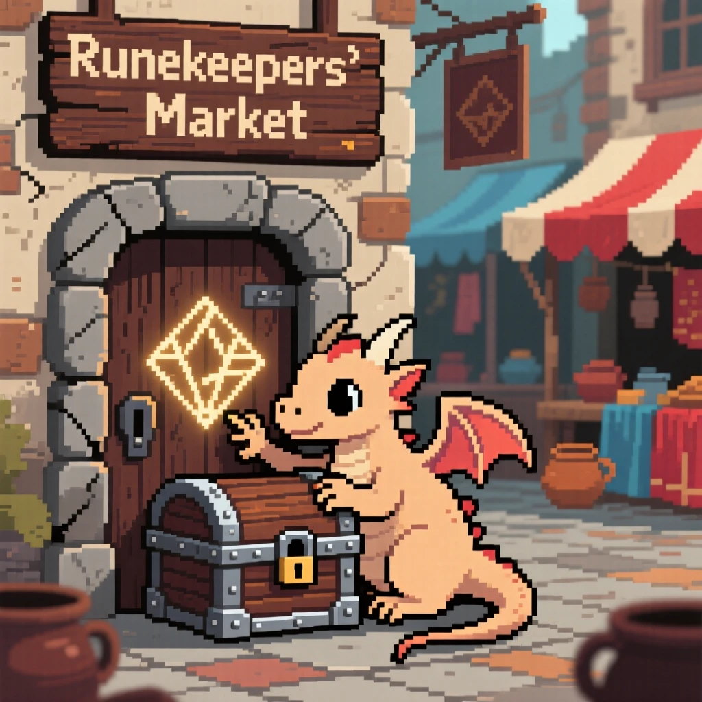 A small dragon curled around a treasure chest carving a rune into an old stone door, in a market square of a fantasy town.