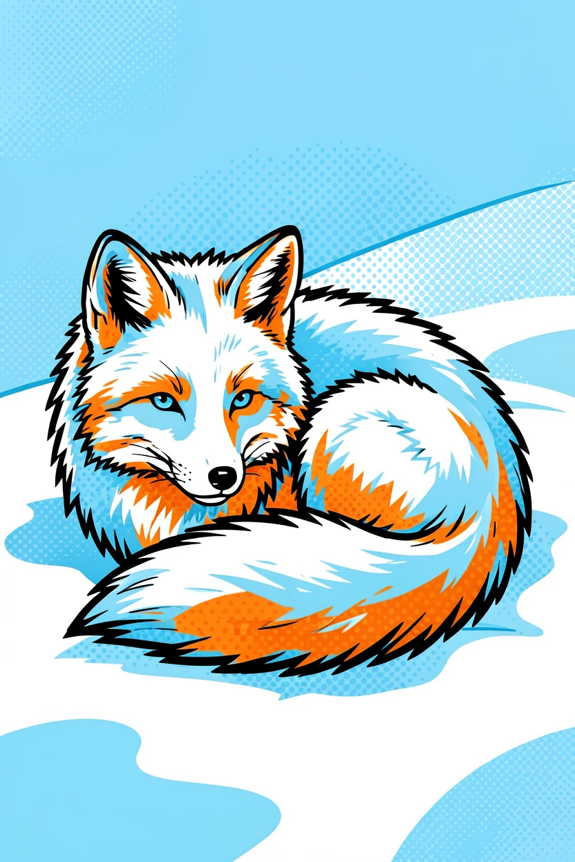 An arctic fox curled up in fresh snow