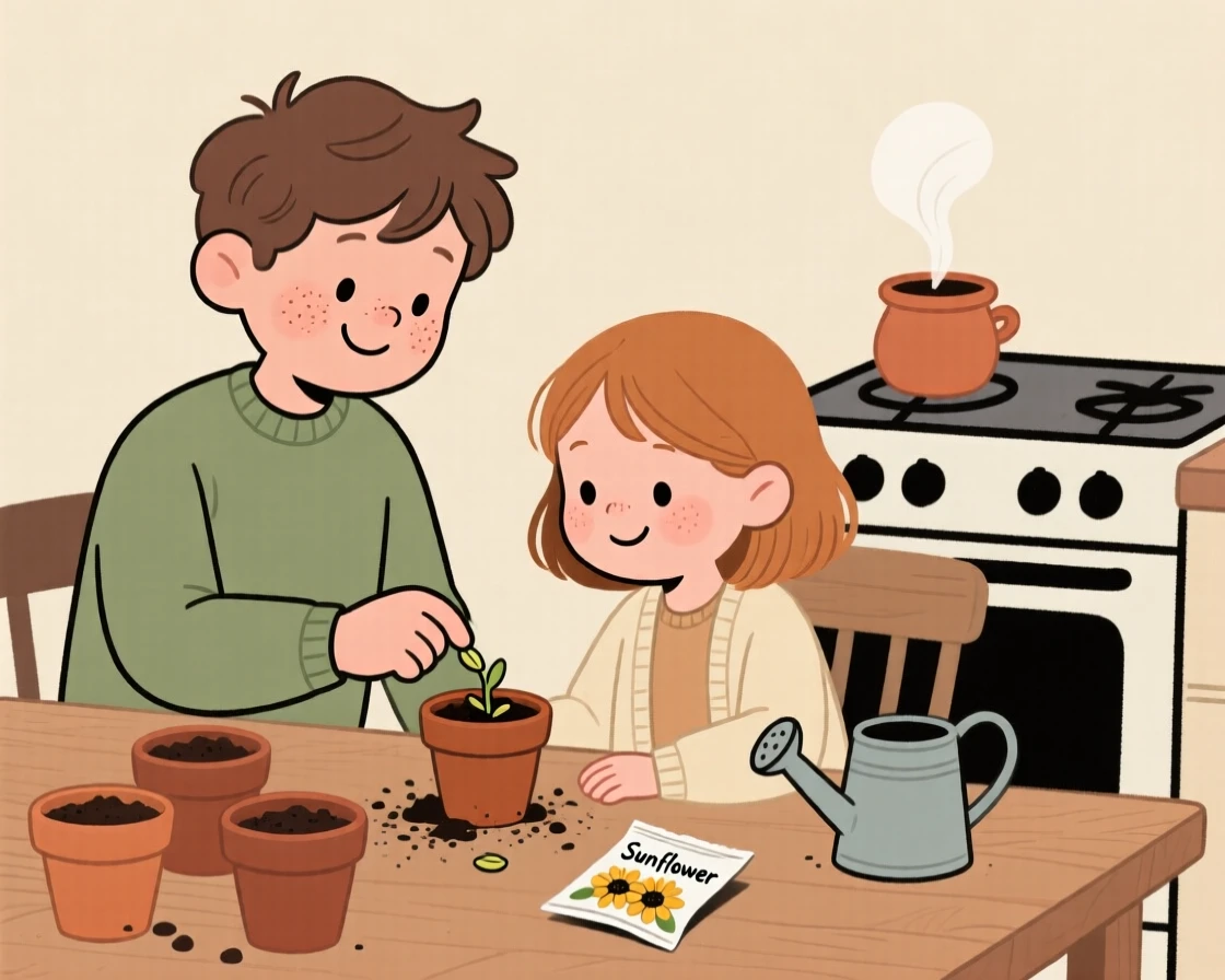 A older brother teaches a young girl how to plant seeds in small pots at the kitchen table while a pot simmers softly on the stove, both focused and smiling.