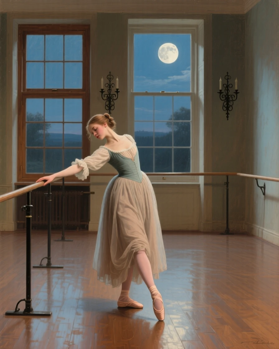 A centered composition of a young dancer stretching before a rehearsal in an empty studio, under a full moon, in the 18th century.