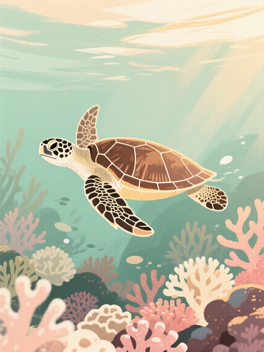 A sea turtle gliding gracefully over a coral reef