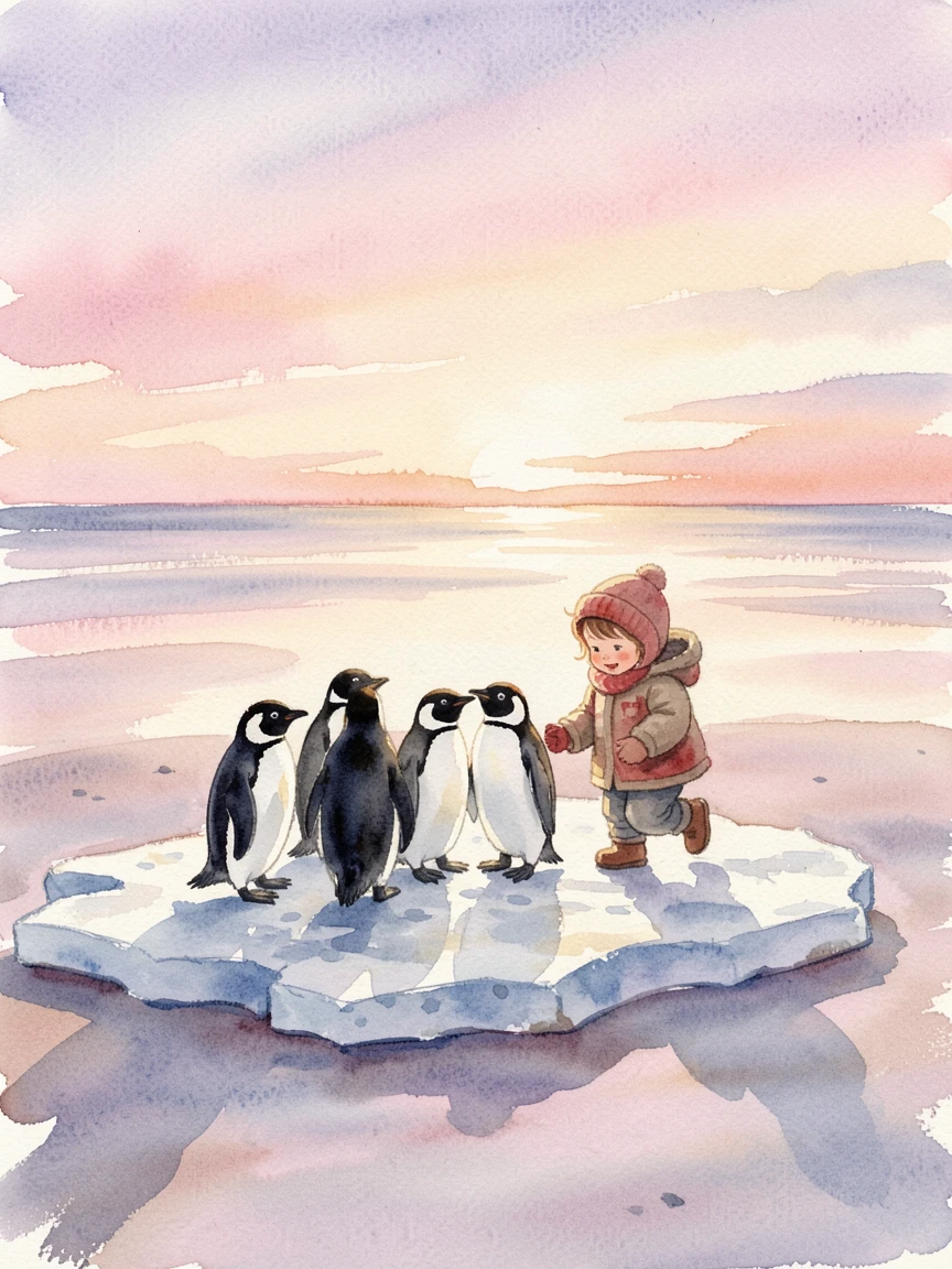 A group of penguins on ice on a quiet beach at sunset playing with a small child nearby.