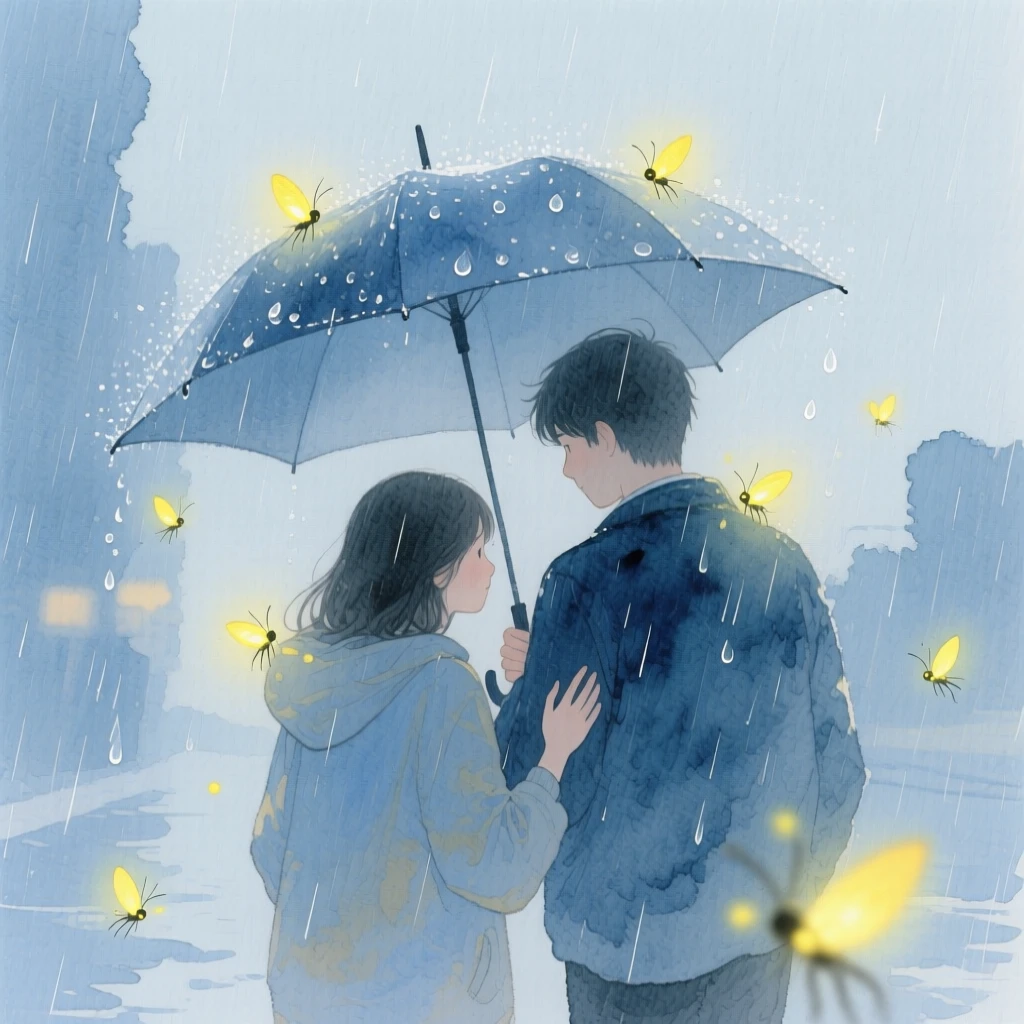A tender moment of a rainy walk beneath one umbrella, as fireflies begin to glow around them, capturing quiet affection between two people