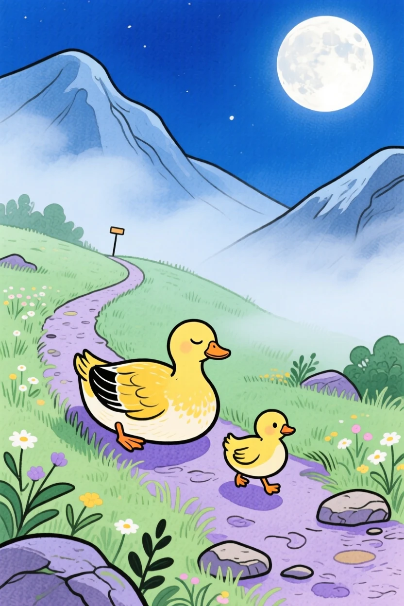 A duckling following its mother resting peacefully in a misty mountain trail under a full moon.