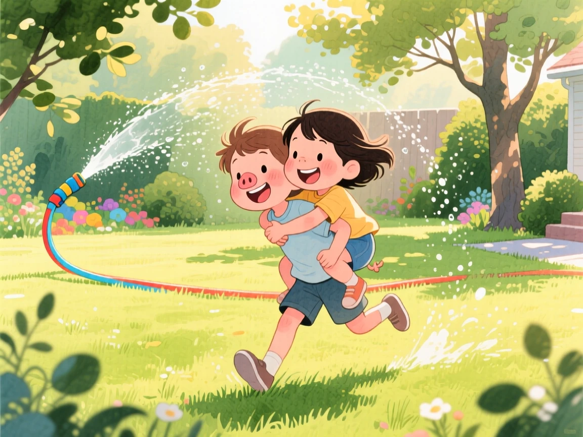 Siblings piggyback racing across a sunny backyard lawn, in a lush green backyard with a garden hose sprinkler, with a gentle breeze rustling nearby trees, playful joy and sibling love.