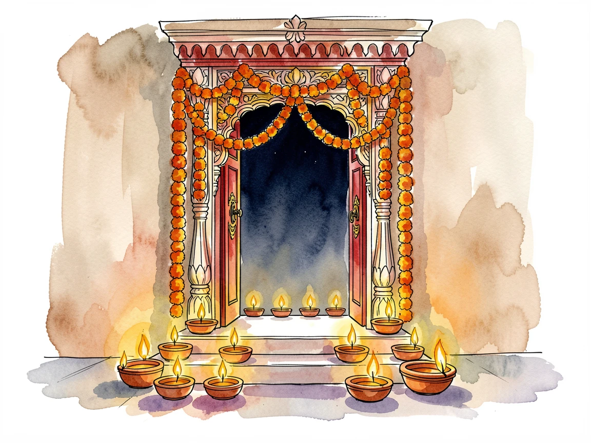 A Diwali celebration with rows of glowing oil lamps lining a decorated doorway at night