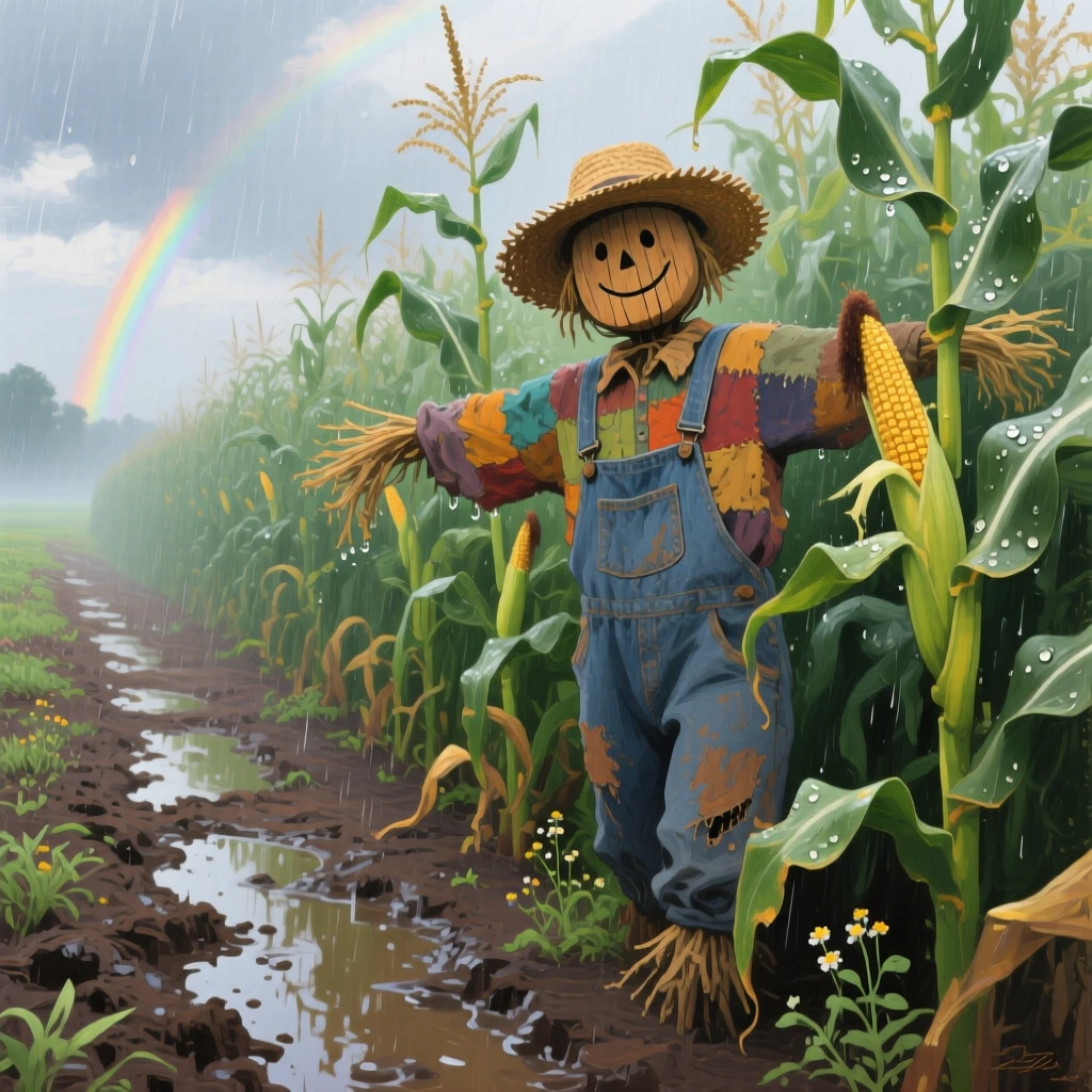 a scarecrow among tall corn, after a light spring rain, composed along a natural leading line.