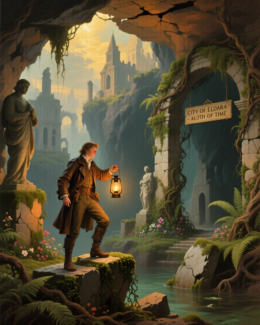 A brave scout ventures deep into an abandoned city reclaimed by vines deep beneath the earth's surface.