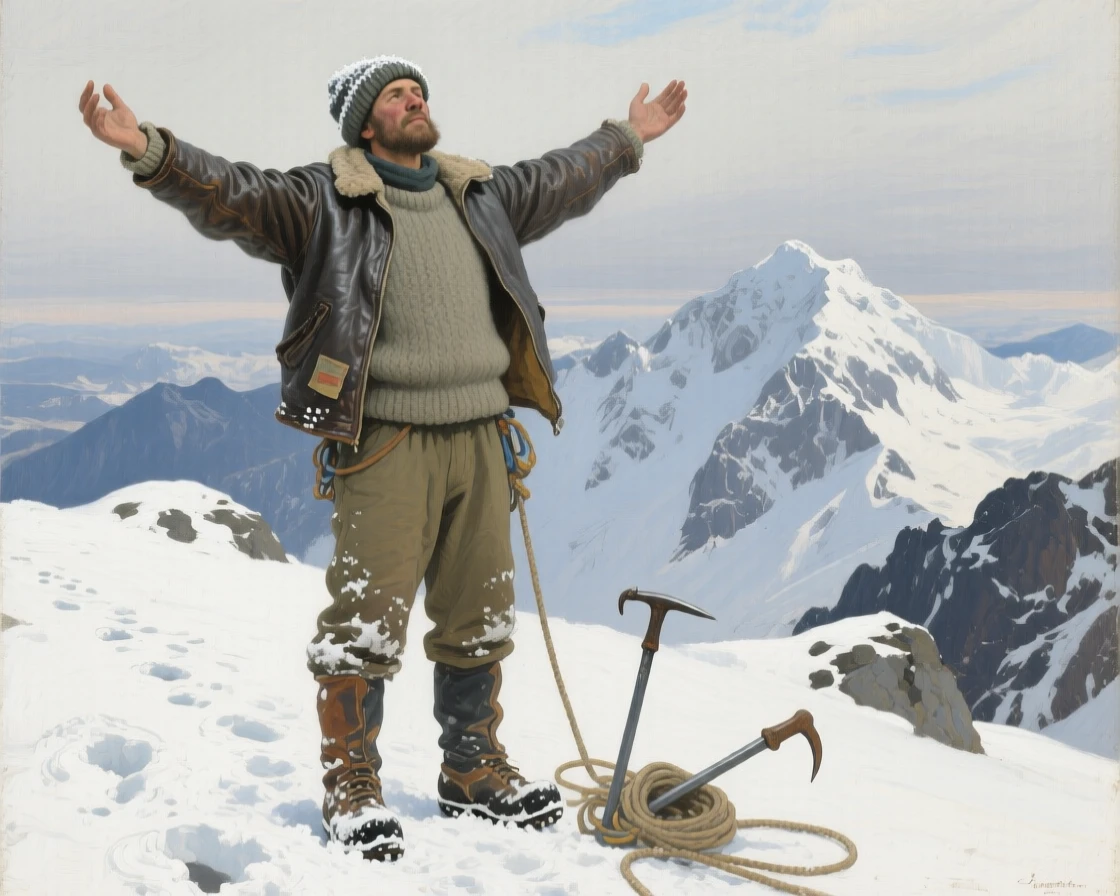 A mountaineer standing triumphantly at a snowy summit, arms outstretched, their clothing and posture reflecting their personality and background, celebrating the quiet dignity found in everyday human life