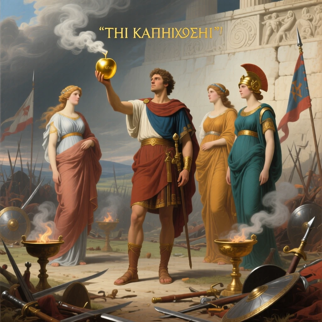 The Trojan prince Paris awarding the golden apple to the fairest goddess with every eye fixed on the unfolding drama, set on a windswept battlefield strewn with fallen standards, as smoke from ceremonial braziers curls upward past carved friezes; a low vantage point emphasizes the towering scale of the moment, radiating triumph tempered by solemn sacrifice.
