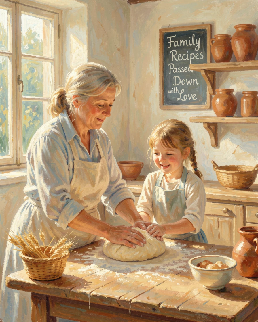 A grandmother teaching her granddaughter to bake bread in a rustic farmhouse kitchen filled with warm morning light.