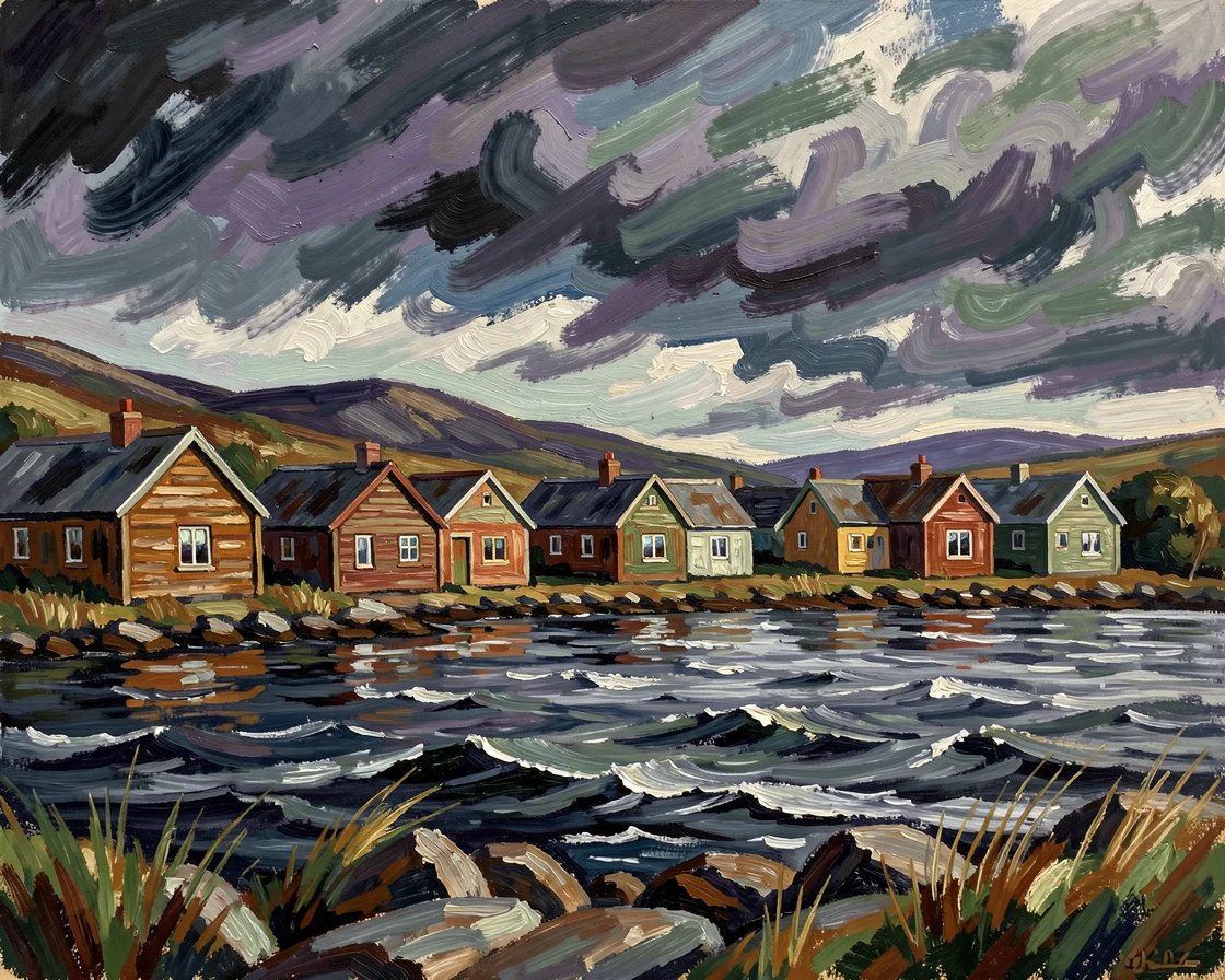 A row of fishing cottages along a Scottish loch beneath dramatic storm clouds.