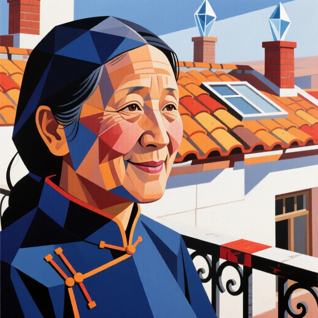 A close-up portrait of a middle-aged woman of Mongolian heritage, smiling shyly, on a sunlit balcony overlooking rooftops.