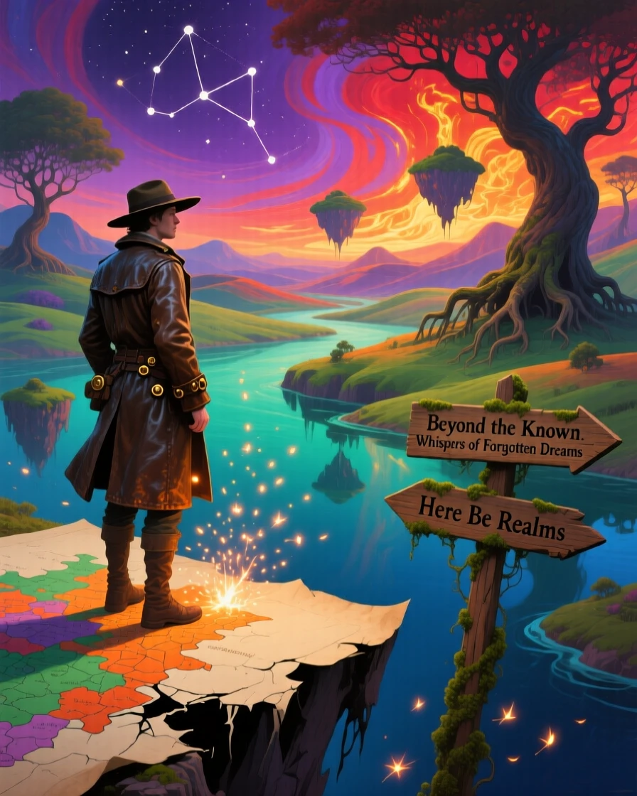 An explorer standing at the edge of a map that fades into blank paper travels onward through a landscape that shifts gently around them, as tiny sparks of light rise gently from where they stand.