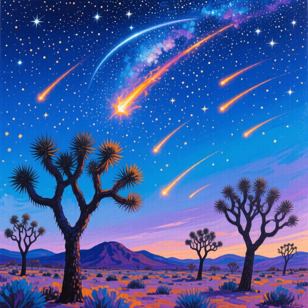 A brilliant meteor shower streaks across a clear night sky over Joshua Tree, Joshua trees silhouetted against thousands of stars and the faint arc of the Milky Way, subtle color shifts across the sky suggesting the slow passage of time within the scene.