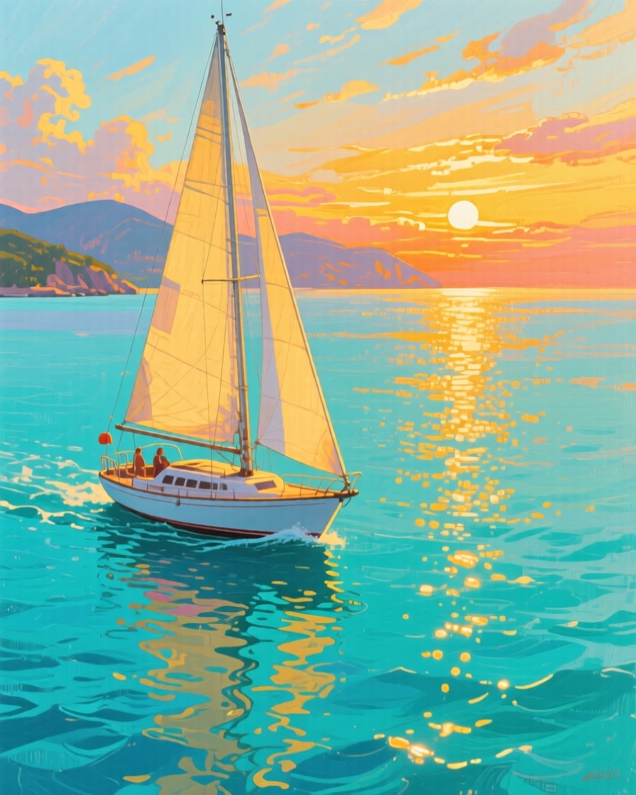 A sailboat gliding across a glassy turquoise bay at sunset, sails catching the last golden light
