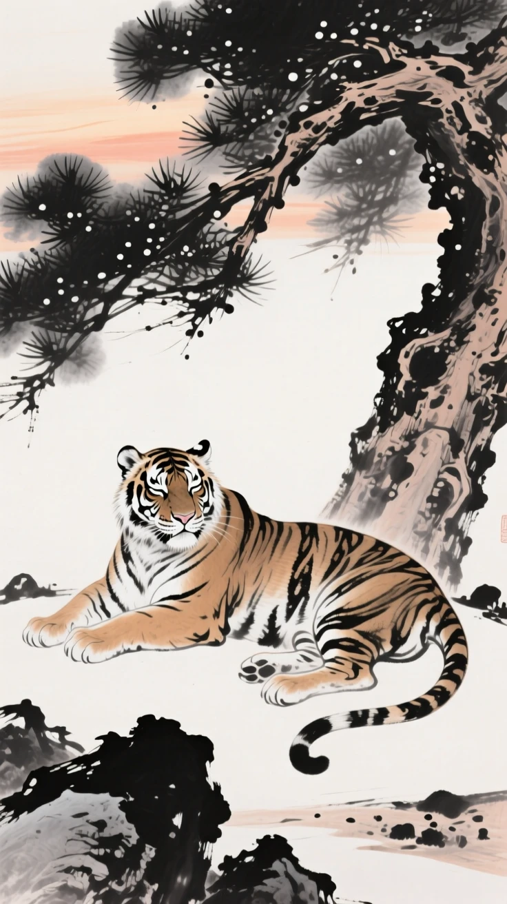 A tiger rests beneath the shade of an old pine tree, as the last light of evening falls across the rocks.