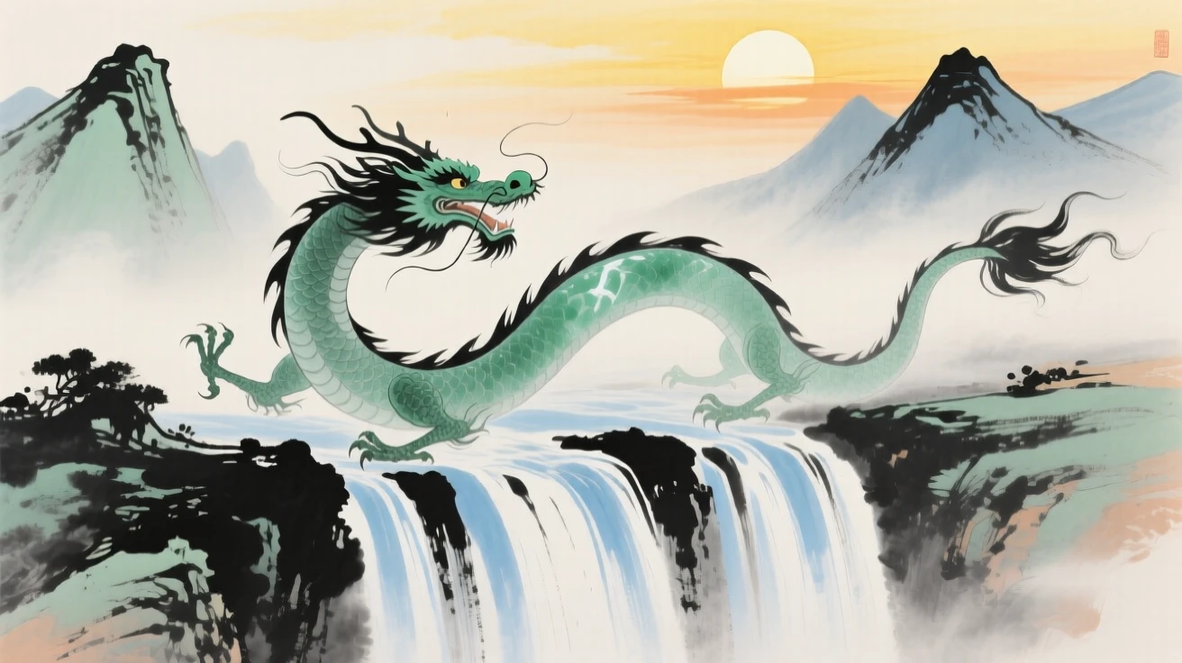 A jade dragon curling above a waterfall that seems to fall from the sky, conveying a deep sense of harmony with nature, as the sun sets behind distant peaks.