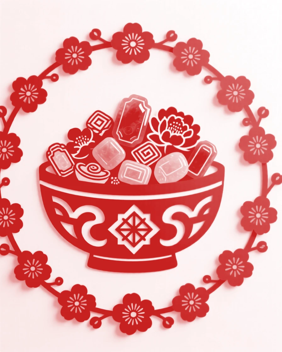 A treasure bowl overflowing with jade, surrounded by a ring of small blossoms, a wish for prosperity in the year ahead.