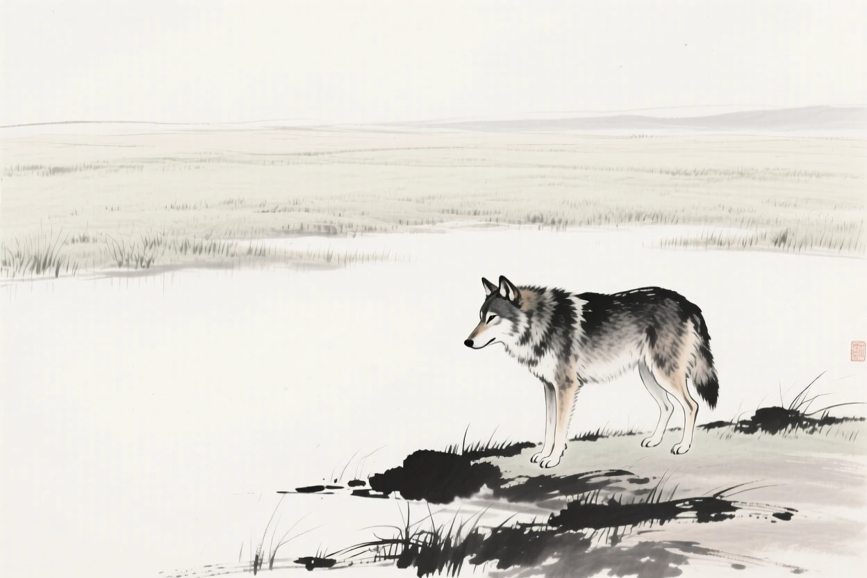 A wolf pausing at the edge of a quiet clearing across an open grassy plain, positioned off-center, leaving space for the quiet landscape around it, carrying a sense of quiet dignity and wildness.