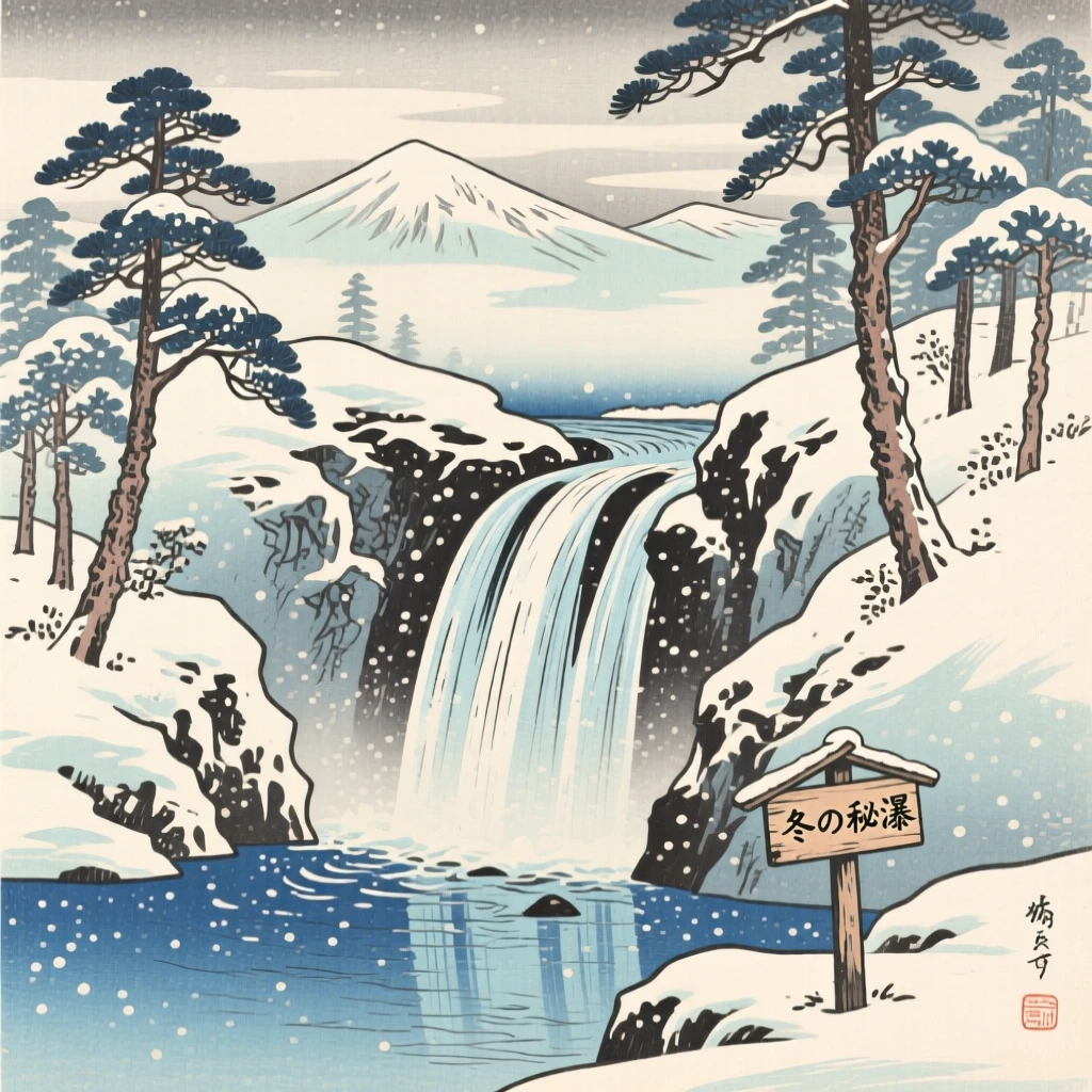 A hidden forest waterfall, reflecting a pale winter sky.