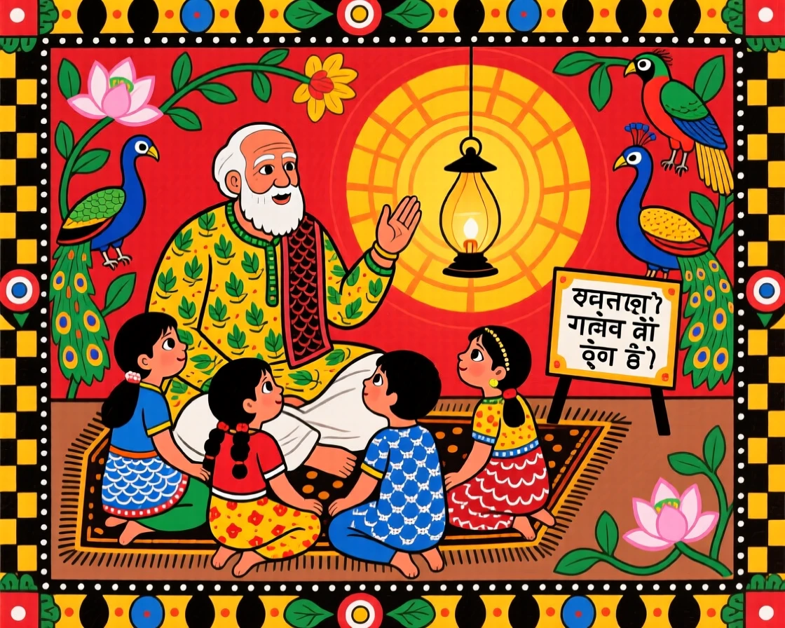 A grandfather telling stories to wide-eyed grandchildren by lantern light.