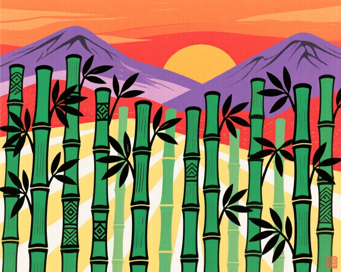 A bamboo forest with light filtering through, as the sun sets behind distant peaks.