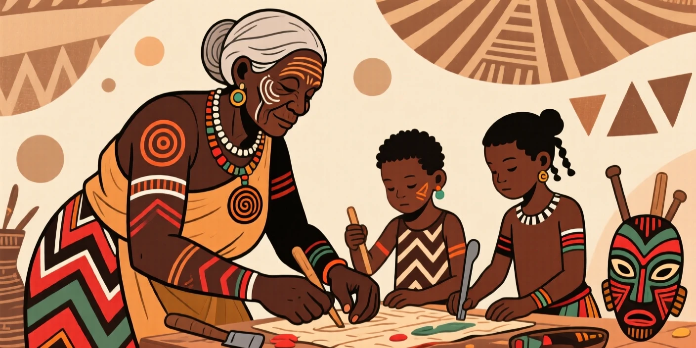 A grandmother and her grandchildren working side by side to complete a shared task.