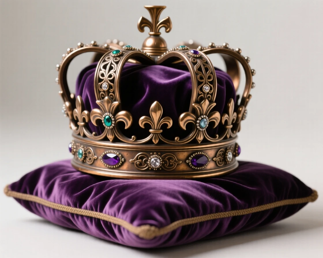 An ornate royal crown resting on a velvet cushion, capturing a sense of timeless luxury, radiating elegance and refinement