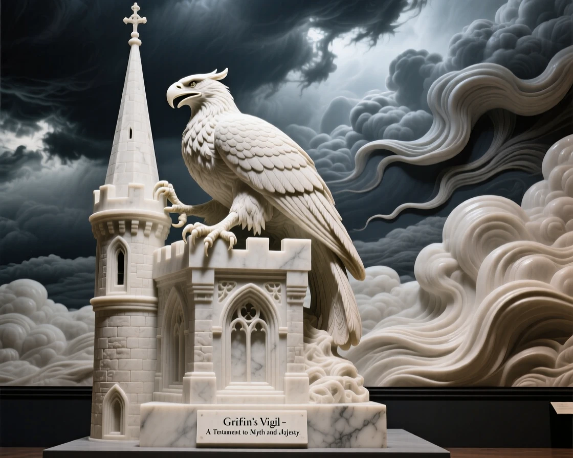 An epic scene of a griffin perched atop a castle spire, framed by dramatic storm clouds, evoking myth and grandeur