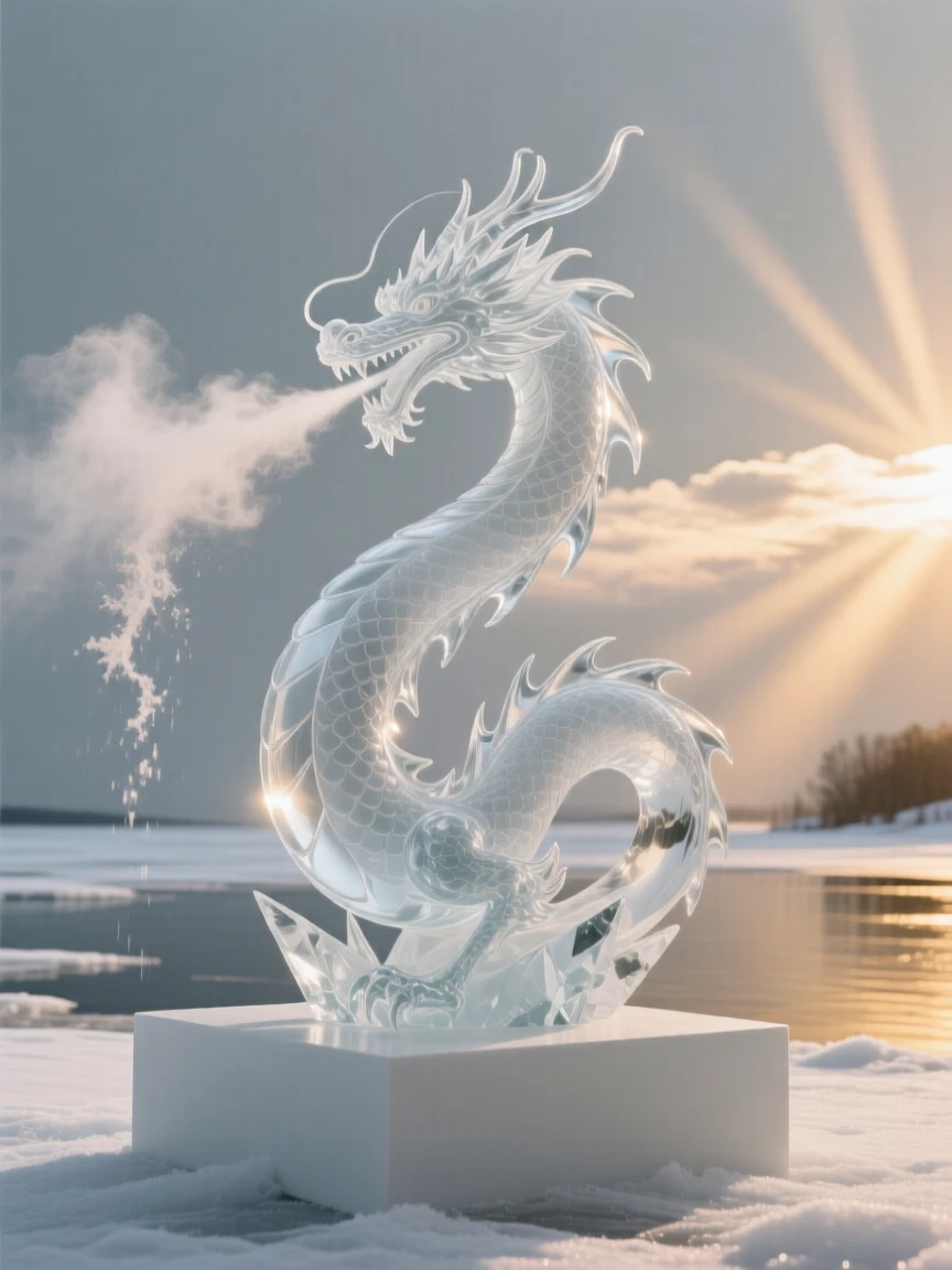 An ice dragon breathing frost over a frozen lake at golden hour with warm rays breaking through the clouds, epic scale composition, inspiring a sense of wonder and hope.